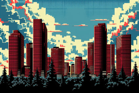 Vector illustration of modern city in retro style. Cityscape with skyscrapers.の素材