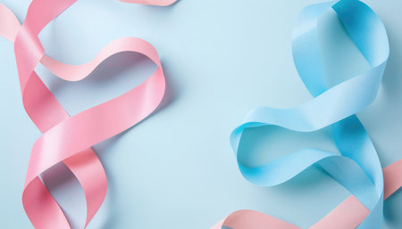 Pink and blue ribbons on blue background. Flat lay, top viewの素材