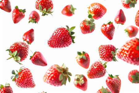 Strawberries falling on white background. Fresh strawberries on white backgroundの素材