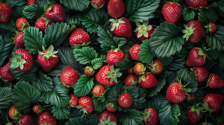 Strawberry background. Top view of fresh strawberries with green leaves.の素材