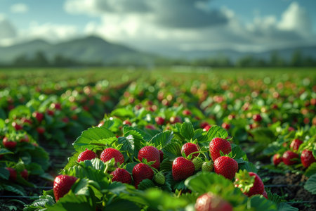 Strawberry field with green leaves and ripe berries. Strawberry farmの素材