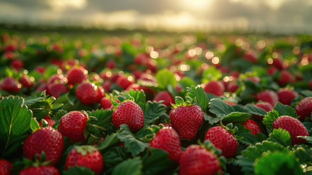 Strawberry field in the morning. Close-up of fresh strawberries.の素材