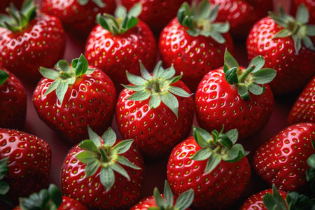 Strawberry background. Fresh strawberries on red background. Top view.の素材