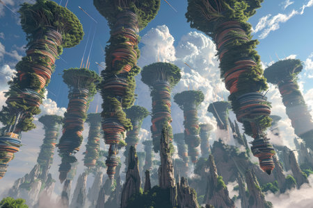 A surreal, futuristic city with tall, tree-like towers that are twisted and layered, against a blue sky with fluffy clouds and hazy fog.の素材