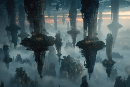 A surreal landscape depicting upside-down floating cities suspended amidst misty mountains.の素材