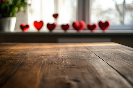 valentine's day background with red hearts on wooden table in front of windowの素材