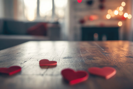 Valentine's day background with red hearts on wooden table in cafeの素材