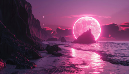 Fantasy landscape with full moon over the sea. 3D illustrationの素材