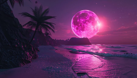 A large pink moon sets over a tranquil tropical beach with palm trees, creating a dreamy and surreal scene.の素材