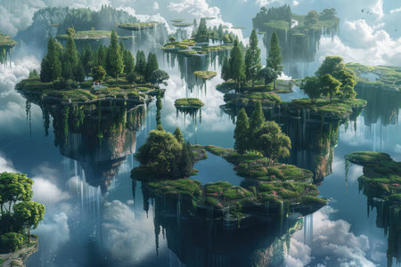 Fantasy island in the lake. 3d render illustration of island in the lake.の素材