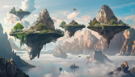 Fantasy landscape with islands in the sea. 3d illustration.の素材