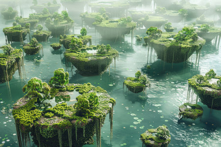 Fantasy island with trees and grass in the lake. 3d renderingの素材