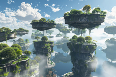 Fantasy landscape with trees floating on water. 3D illustration.の素材
