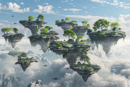 A surreal landscape of floating islands with trees and flying vehicles in a cloudy sky.の素材
