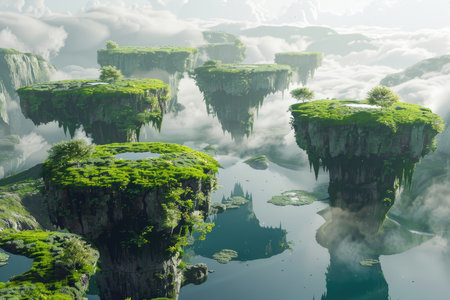 A surreal landscape with floating islands covered in greenery, surrounded by mist and reflected in a calm lake.の素材
