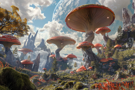 A surreal forest landscape with towering mushrooms and a distant planet.の素材