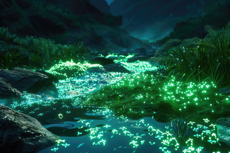 Fantasy night landscape with green grass and water. 3d renderingの素材