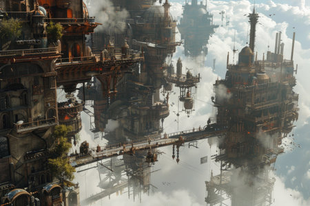 A conceptual illustration of a futuristic city built with steel and metal structures suspended above a layer of clouds.の素材