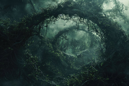 A surreal and mystical depiction of a dense forest, characterized by intertwined branches and vines that create an abstract and ethereal atmosphere.の素材