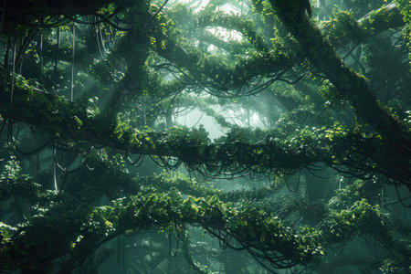 A close-up view of a thick jungle canopy with sunlight filtering through, highlighting the intricate network of branches and vines.の素材