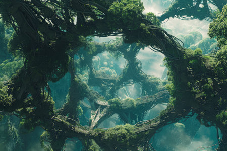 A mystical forest scene with intertwined tree roots forming a canopy overhead, creating a hazy and ethereal atmosphere.の素材