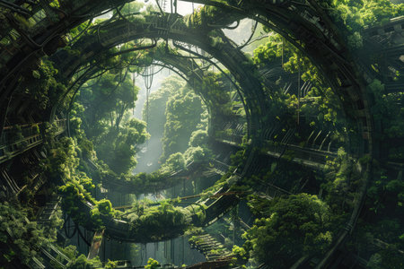 3D rendering of a futuristic landscape with a green forest in the backgroundの素材