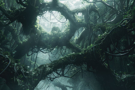 Beautiful tropical rainforest with tree roots in the rainforest.の素材