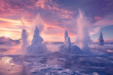 A breathtaking panorama of frozen geysers and snow-covered trees under a vivid sunrise sky in a wintry landscape.の素材