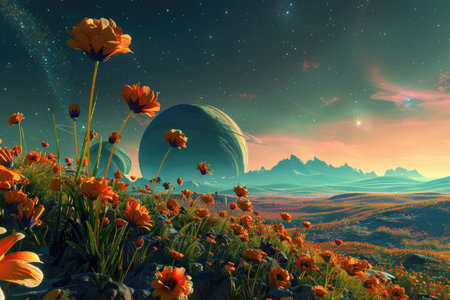Fantasy alien planet. Mountain and flowers. 3D illustration.の素材