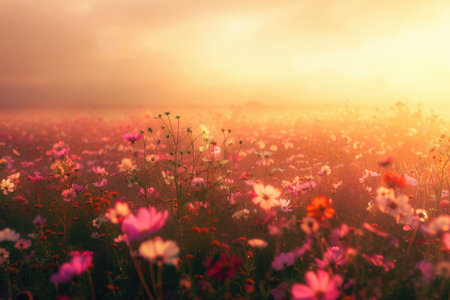 Beautiful cosmos flowers field at sunset. Nature background. Vintage filter.の素材