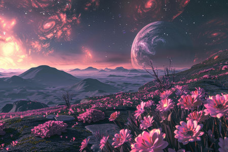 Fantasy alien planet. Mountain. Flowers. 3D Illustrationの素材