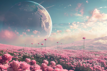 A fantasy landscape featuring a field of pink flowers on an alien planet with a large moon in the sky.の素材