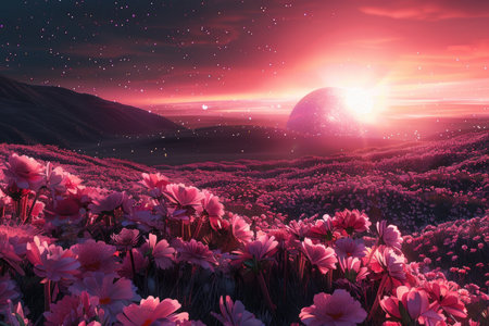 A field of pink flowers blooms under a starry sky, with a glowing orb resembling a rising sun or planet.の素材