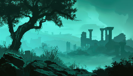 Ruins of the ancient city in the mist. Vector illustration.の素材