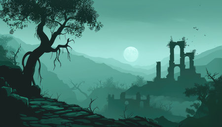 Landscape with ruins of ancient temple in the forest, vector illustrationの素材