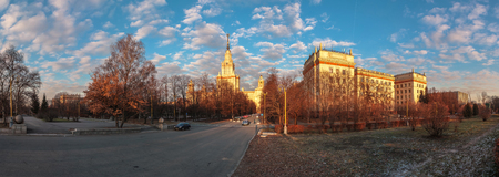 Cityscape of sunset Moscow State University under cloudy blue skyのeditorial素材