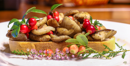 A sandwich with fried wild yellow boletuses and red whortleberryの写真素材