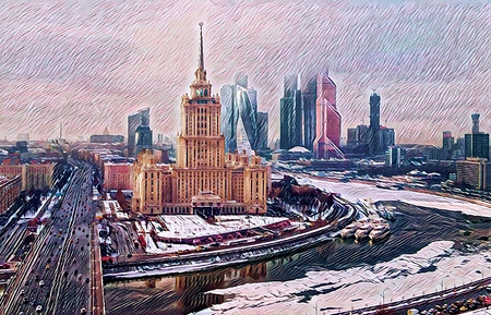 Computer painting of Moscow city in cloudy spring morning with ice and nice reflections in riverのeditorial素材