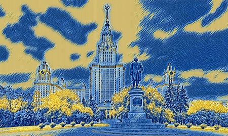 Digital wide angle painting of a famous Russian university in Moscow