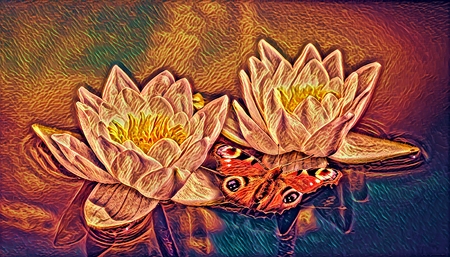Computer image of sunny floating white water lily flowers with red butterfly reflecting in dark dirty swamp in summer Computer image of sunny floating white water lily flowers with red butterfly reflecting in dark dirty swamp in summer