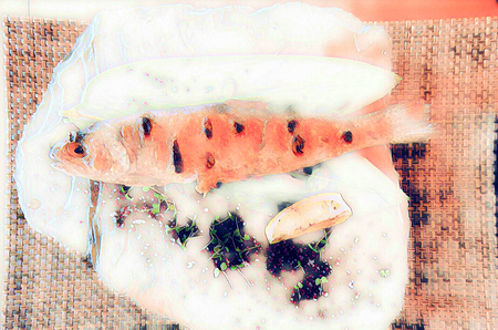 Computer image of fried fish on green leaf on retro plate with salt and yellow lemon piece in Rosa...