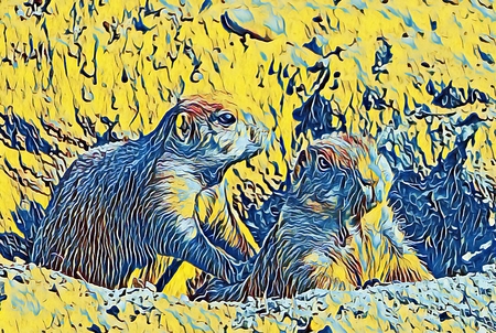 Computer painting of gophers sitting in sunny sand