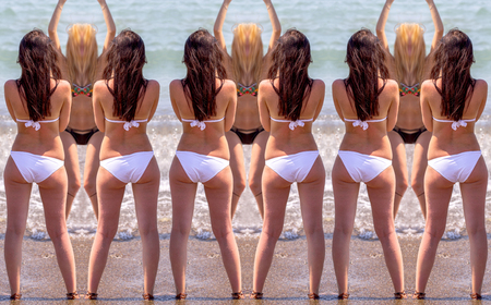 Kaleidoscopic collage image of tanned ladies in bikini taking selfiesの写真素材