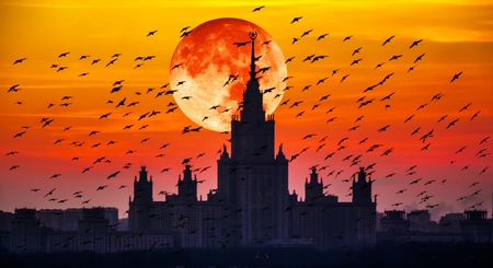 Moon collage of dusk view of main building of Moscow State University