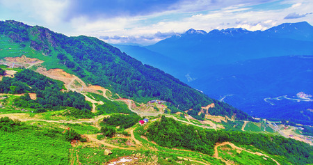 Aerial panoramic view of mountain landscape of Rosa Khutor tourist resort in Sochi