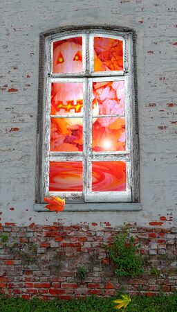 Concept of autumn season as view from retro window in the middle of  abandoned brick wall の写真素材