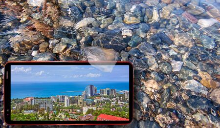 Collage of sunny jellyfish floating in water above Black sea stones and cell phone displaying summer nature of Sochi region on screen の写真素材