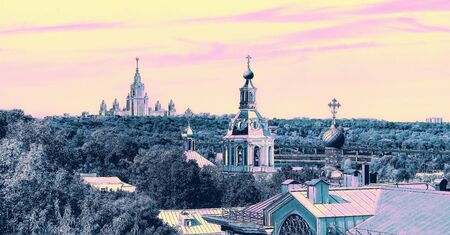 Gradient color landscape view of Sparrow hill area in summer Moscow under blue sky の写真素材