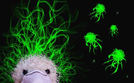 Collage of antropomorphic face in filtering mask and infection around in surrounding air
