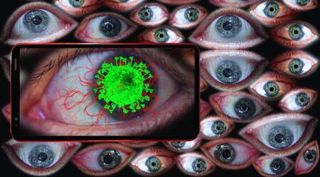 Conceptual view of coronavirus with your phone watching for your life. Large single eye on mobile phone screen watching you on fantasy background of many human eyesの写真素材